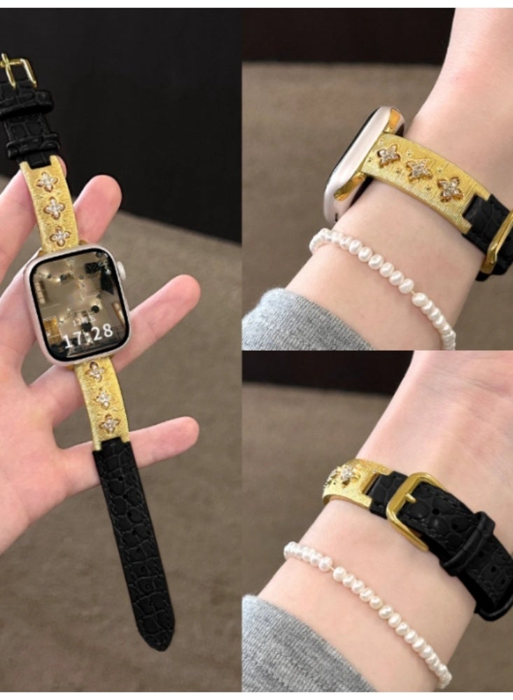 Bracelet Leather Strap iWatch Replacement Strap Fine Design Black (Round Crocodile Pattern) - Gold Buckle Suitable For Iwatch S10-42mm Generation - Image 1